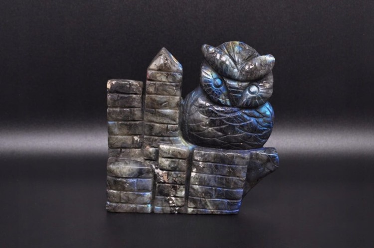 * LABRADORYT MADAGASKAR UROKLIWA FIGURKA RZEŹBA SOWA PIĘKNA DEKORACJA NR 6