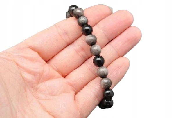 * OBSYDIAN SREBRZYSTY BRANSOLETKA KULKA 8,5 MM SREBRNA POŚWIATA MINERAŁ *