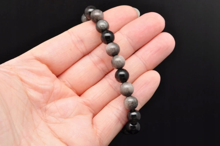 * OBSYDIAN SREBRZYSTY BRANSOLETKA KULKA 8,5 MM SREBRNA POŚWIATA MINERAŁ *