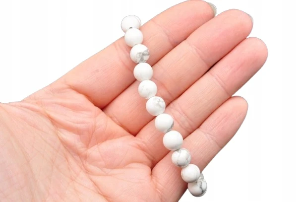 * MAGNEZYT BIAŁA BRANSOLETKA KULKA 8 MM ELEGANCKI WZÓR KAMIEŃ NATURALNY *